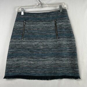 Ann Taylor Loft Straight Skirt Womens 2 Fringed Hem Tweed Zipper Pockets Career